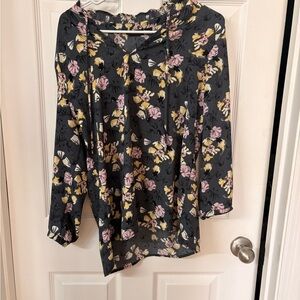 Halogen Black Floral Blouse with Pink and Yellow Accents